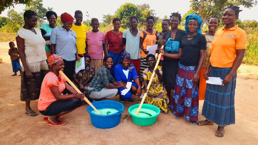 The Ikieunai Women’s Savings Group in Uganda learns how to make soap for home use and to sell